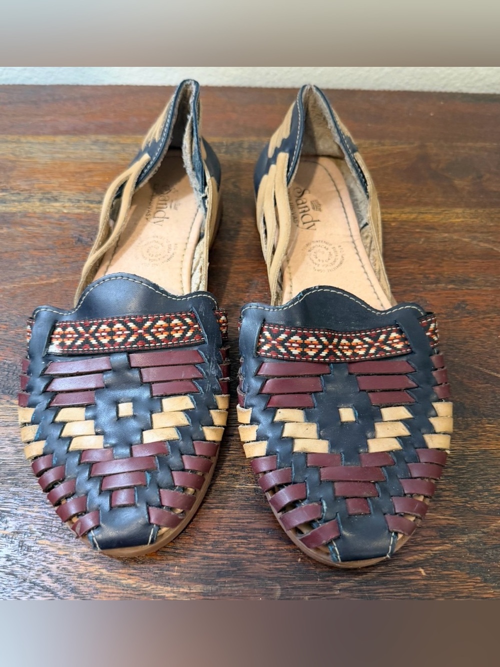 Sandy Woven Leather Huarache Flats in Black, Burgundy & Tan euro 25/8-8.5